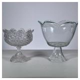 (2pc) Glass Footed Bowls | Including a cut crystal dish and a lobed pedestal dish. - h. 9.25 x dia. 