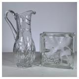 (2pc) Glassware | Including a floral patterned pitcher and a square-form vase. - h. 12.5 x w. 4.5 in