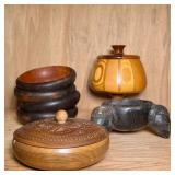 (7pc) CARVED WOOD BOWLS | Carved wood bowls, lidded compotes, and other. - h. 8.5 x dia. 6.5 in