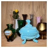 (11pc) MIXED COLORED & BLOWN GLASS VASES & OTHER | Blown & molded color & clear glass vases, bud vas