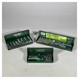 (3pc) S-K TOOLS SOCKET DRIVE SETS | Each in a green enameled metal box, including a 21-piece 1/4" dr