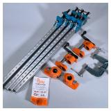(7pc) MIXED CLAMPS & FIXTURES | Including: 4 adjustable bar clamps on 1 1/4” bars. 2 “Pony” Pipe cla