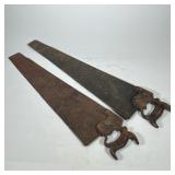 (2pc) PAIR ANTIQUE SAWS WITH FANCY CARVED HANDLES | Including one with broad teeth, engraved T. M. A