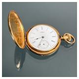 ELGIN HUNTER CASE GOLD-PLATED POCKET WATCH | Yellow gold plated pocketwatch, overall engraved hunter