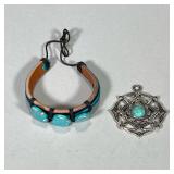 (2pc) TURQUOISE JEWELRY | Including: Leather bracelet with 3 carved turquoise elephants and mixed me