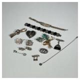 (12pc) STERLING SILVER JEWELRY | Including: Heart shaped brooch/pin marked "Mex 925" (0.6 ozt); bow 