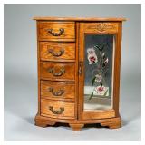 JEWELRY CASE | Carved wood jewelry case with painted glass door with necklace holder and 5 felt-line