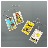 TAROT CARD EARRINGS | Two pairs of miniature tarot card earrings, laminated finish on silver-toned w