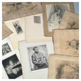 MIXED ETCHINGS & DRAWINGS | Mixed lot of antique etchings, drawings, artistic studies, portraits, an