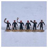 MINIATURE CONDUCTOR FIGURES | Line of 6 painted metal conductors/signal men Dimensions: l. 3 in