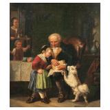 CONTINENTAL SCHOOL (19TH CENTURY) GENRE SCENE | man with child & dog oil on canvas h. 12.75 x w. 10.