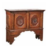 FAN CARVED SIDE CABINET | Of unusual form h. 36.5 x w. 43 x d. 16.5 in.