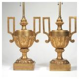 PAIR 18TH/19TH CENTURY GILT CARVED URN-FORM LAMPS | Double handled gilt carved urn form lamps with a
