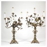 (2pc) PAIR ELECTRIFIED GLASS APPLIQUE & CRYSTAL CANDELABRAS | Pair of brass electric candelabra lamp