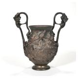 BEAUX ARTS BRONZE VASE | Cast bronze vase with bird and grape decoration in high releif h. 6.5 x w. 