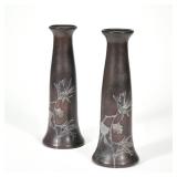 (2pc) PAIR HEINTZ ARTS & CRAFTS STERLING ON BRONZE VASES | Sterling silver on bronze, stamped on the