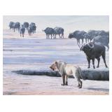 "PAUL BOSMAN (AMERICAN, B. 1929) | lion in desert scene 42 x 59.5 in., sight oil and mixed media sig