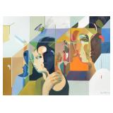 "PETR SCHL?SSER (B. 1945) | geometric abstraction with faces oil on canvas h. 28 x 39.5 in, stretche