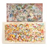 "(2pc) MID CENTURY ""SR. MGT. JOSEPH"" ABSTRACT OIL PAINTINGS | Including 1 painting with colorful a