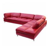 "ROCHE BOBOIS RED LEATHER SECTIONAL SOFA | Red stiched tufted leather, aluminum posts supporting con