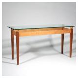 "[SIGNED] TIGER MAPLE SPECIMEN WOOD & GLASS CONSOLE TABLE | Clear Lake Furniture, Ludlow VT; Signed 