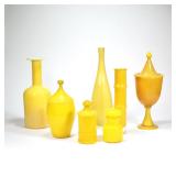 "(6pc) OTTO BRAUER YELLOW GLASS GROUP | Comprising: three open vases and four lidded vessels h. 16.7