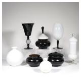 "(8pc) OTTO BRAUER BLACK & WHITE GLASS | Comprising: five open vases/ jars and three with lids h. 15