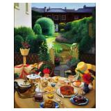 "J. CLARKE OIL PAINTING | Tea scene in an English courtyard 40.25 x 30 in. Stretcher Signed lower le