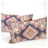 "(2pc) PAIR RUG UPHOLSTERED PILLOWS | Two rectangular throw pillows with rug medallion and brown fab