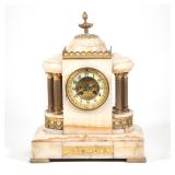 "ALABASTER SHELF CLOCK | Intricate and heavy white onyx or alabaster case and frame, with two sets o