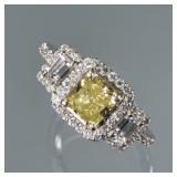 SQUARE CUT FANCY YELLOW DIAMOND RING | Designed as a square princess or Asscher cut fancy yellow dia