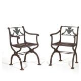 "(2pc) PAIR REGENCY CAST IRON GARDEN ARMCHAIRS | Having wreath & urn back h. 28.5 x w. 20 x d. 20 in