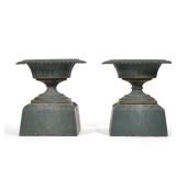 "(2pc) PAIR CAST IRON PLANTER URNS | Green painted cast iron planter urns h. 22 x dia. 21 in."