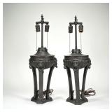 NEAR PAIR 19TH/20TH CENTURY IRON LAMPS WITH LION MOUNTS | h. 16.75 x dia. 9 in. (base only)