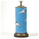 "JAPANESE PORCELAIN TABLE LAMP | Cylindrical vase or brush pot of large size, sculpted porcelain dec