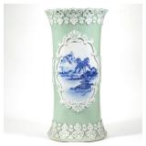 "JAPANESE GLAZED CELADON MEDALLION UMBRELLA STAND | With underglaze blue mountainous landscape paint