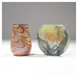 "(2pc) ART GLASS VASES | Including an ovoid vase with tree decoration and another blown vase with sw