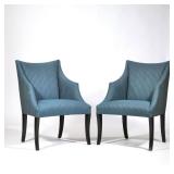 "(2pc) PAIR BLUE UPHOLSTERED DONGHIA | Contrasting striped blue upholstery h. 36 x w. 25.5 x l. 24 i