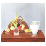"CLAIRE M. CONANT (AMERICAN, 20TH CENTURY) | Basket of Fruit and Vegetables with Forsythia h. 28 x 2