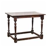 "ANTIQUE SIDE TABLE | wide board top, spindle turned legs joined by a box stretcher h. 29 x w. 25 x 