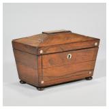 "SARCOPHAGUS FORM TEA CADDY | With mother of pearl inlay h. 5.5 x w. 9 x d. 5.25 in."