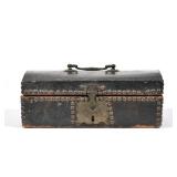 "ANTIQUE LEATHER TACKED DOCUMENT BOX, ONGONQUIT ME | An early 19th C leather covered pine, domed for