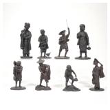 "(8pc) JAPANESE MEIJI BRONZE FIGURES | Including 4 female figures, one holding a cat, 3 male figures