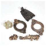 "(6pc) CHINESE STONE CARVINGS | Including a jade carved turtle (w. 2.25 in.), two hardstone rings, a