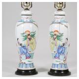 "PAIR CHINESE TABLE LAMPS | Decorated with figural court scene and flower accents, vase only h. 11.2