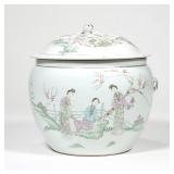 CHINESE LIDDED JAR | showing women in robes before blossoming trees, and with calligraphy, faint red