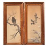 "(2pc) JAPANESE WATERCOLOR BIRDS | Including an owl perched on a branch, and two ducks in flight h. 