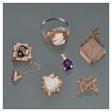 (6pc) MISC. 10K GOLD CHARMS, PENDANTS, FINDINGS | Including a 10k white gold cameo ring (size 7); an