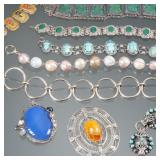 "(9pc) PEARL, TURQUOISE, SCARAB, STERLING & OTHER JEWELRY | Including an Aspen & Salt baroque pearl 