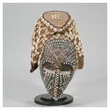 "AFRICAN COWRY SHELL MASK | Wood carved & painted mask with beadwork accents, canvas head covering w